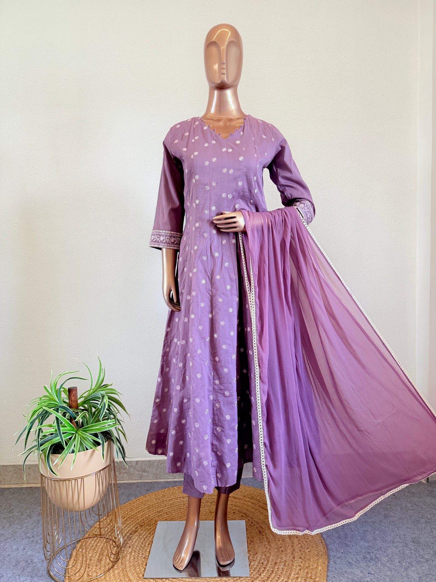 Embroidered Cotton Anarkali Set - Lavender