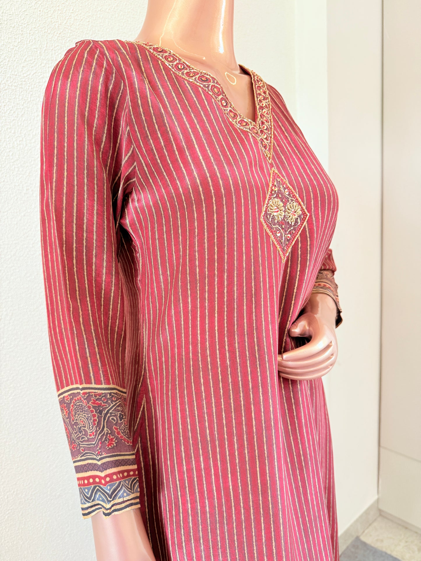 Ajrakh Digital Print Crepe Suit Set with V Neck Line