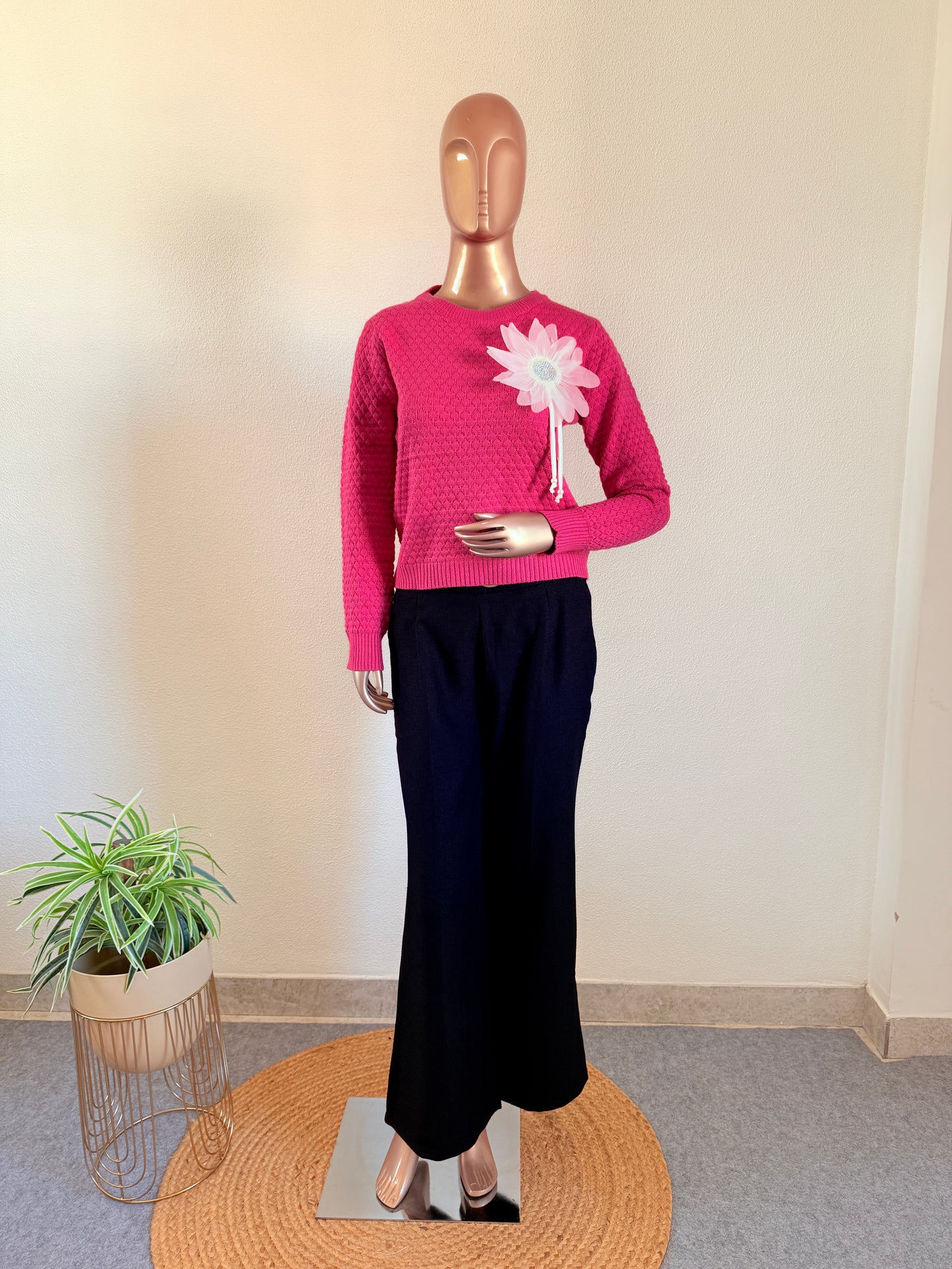 Woollen Top with Floral Patch- Hot Pink