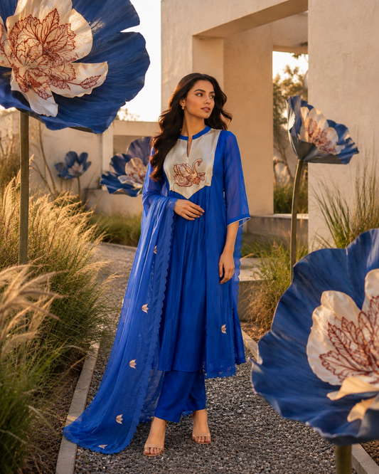 Mul Chanderi Frock Suit with Tissue Embroidered Yoke
