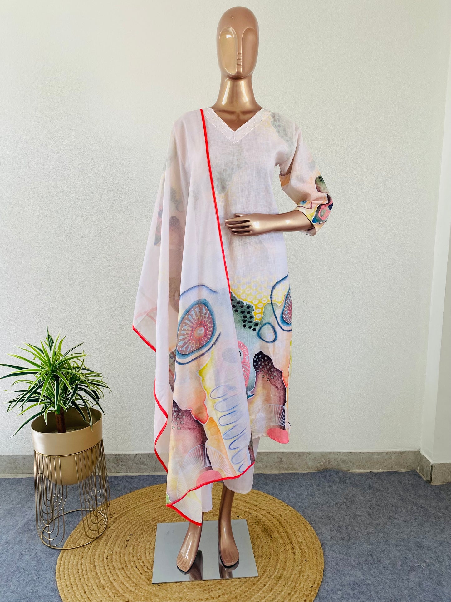 Abstract Print Linen Suit Set