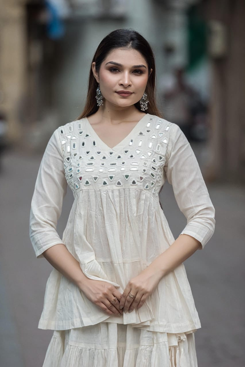 Kora Cotton Peplum Top and Flared Skirt with Real Mirror Work