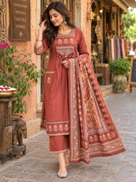 Kalamkari Yoke Tasseled Anarkali Suit Set with Trouser & Printed Dupatta