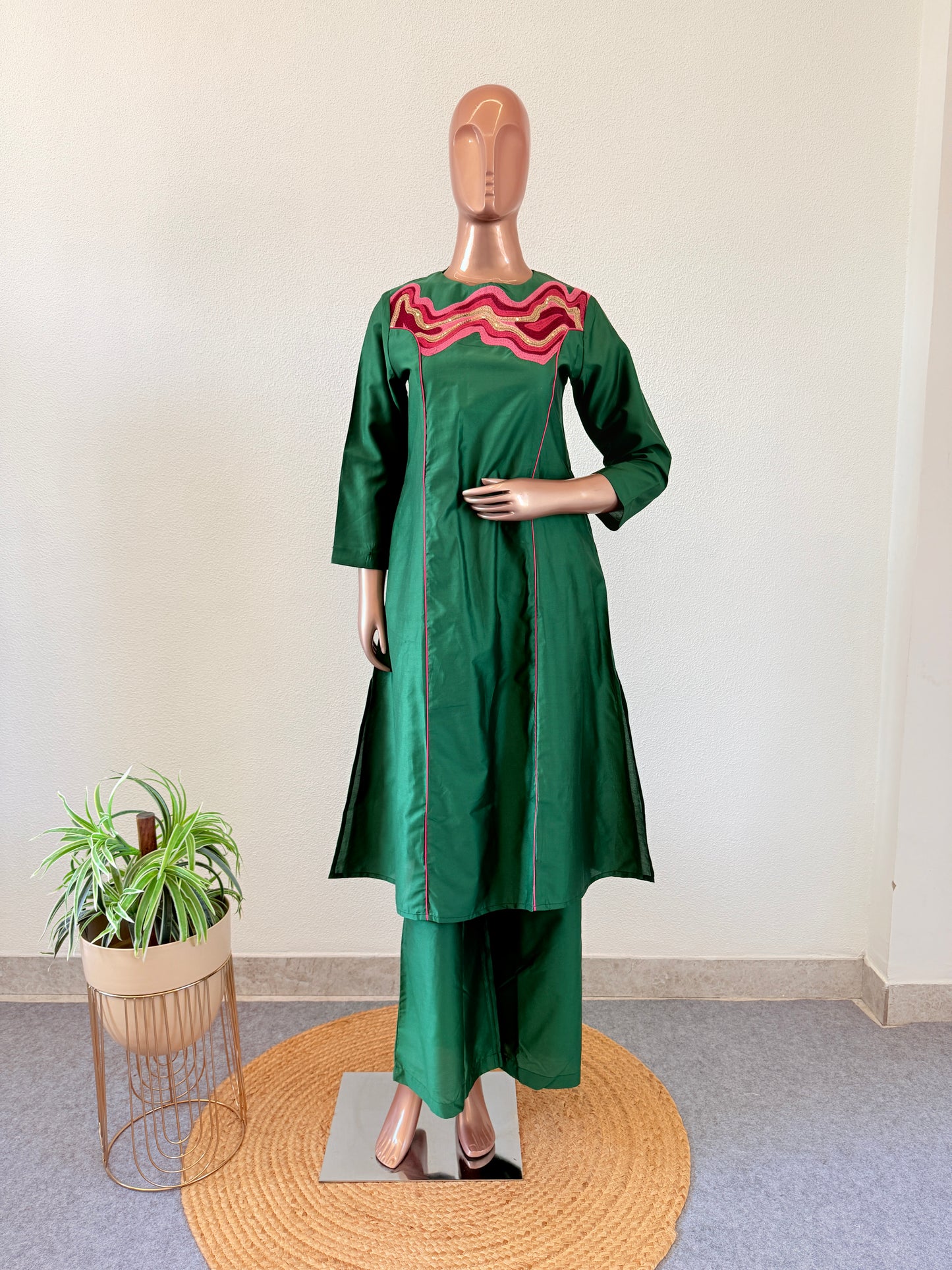 Silk Kurta Pant Set with Thread Work