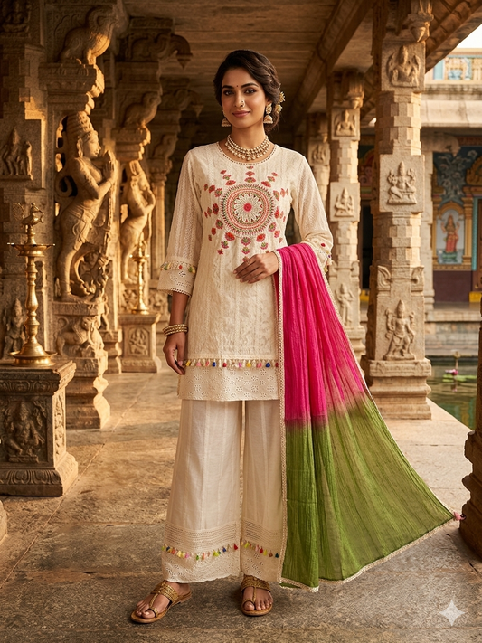 Bohemian Style Kora Cotton Suit with Palazzo and Shaded Dupatta
