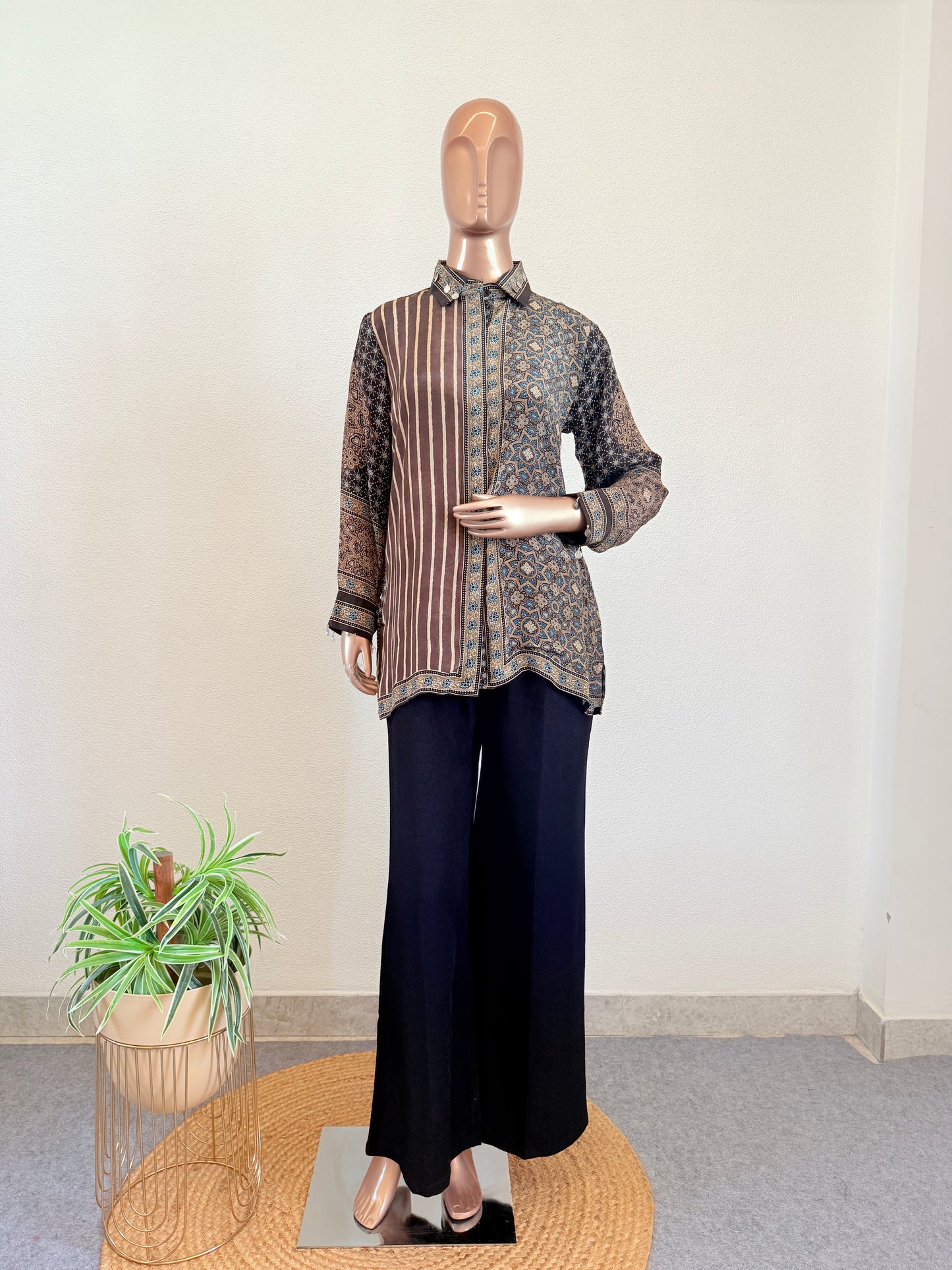 Ajrakh Printed Crepe Shirt with Striped Accents
