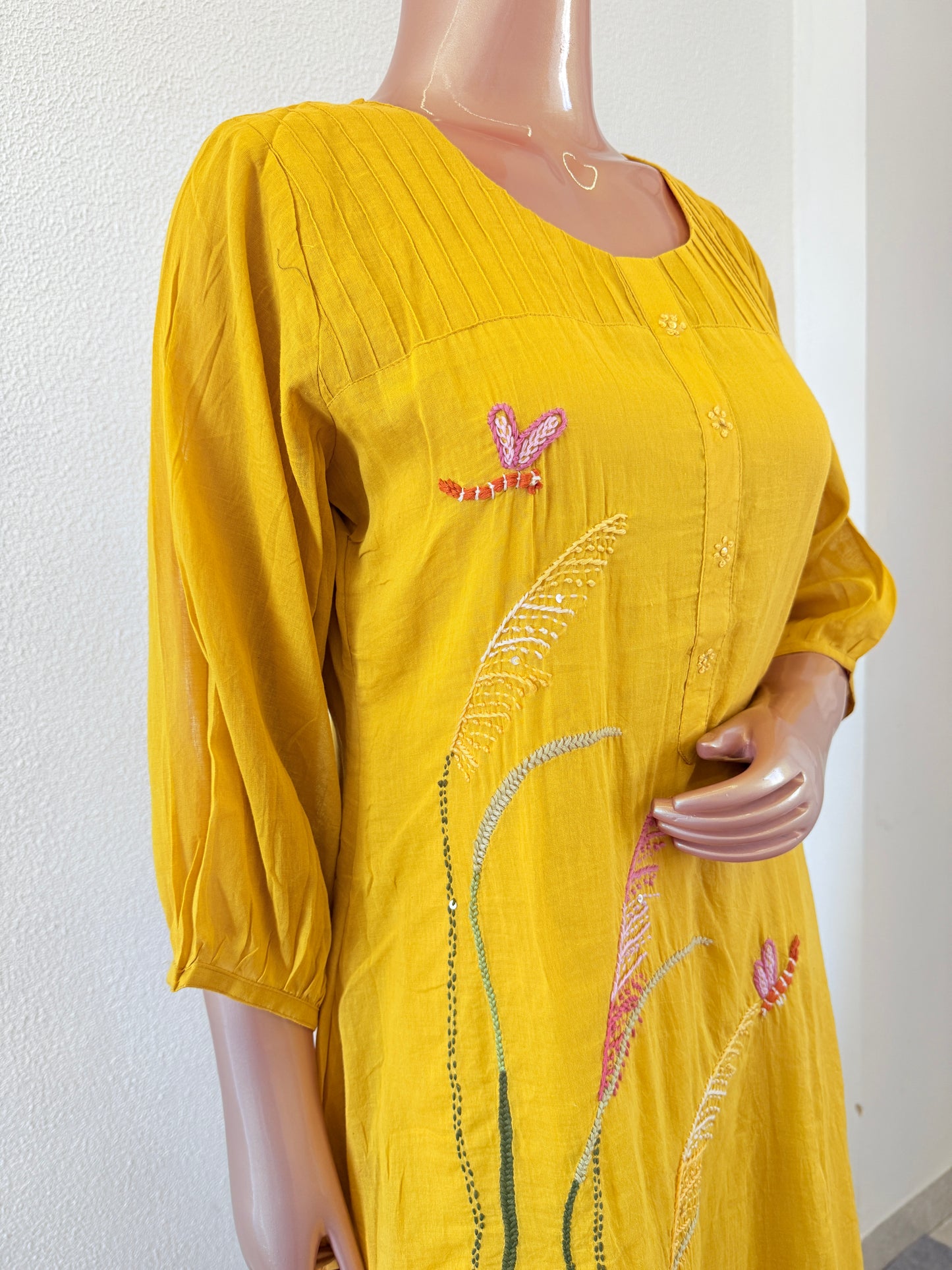 Embroidered Mul Cotton Kurta Palazzo Set -Yellow