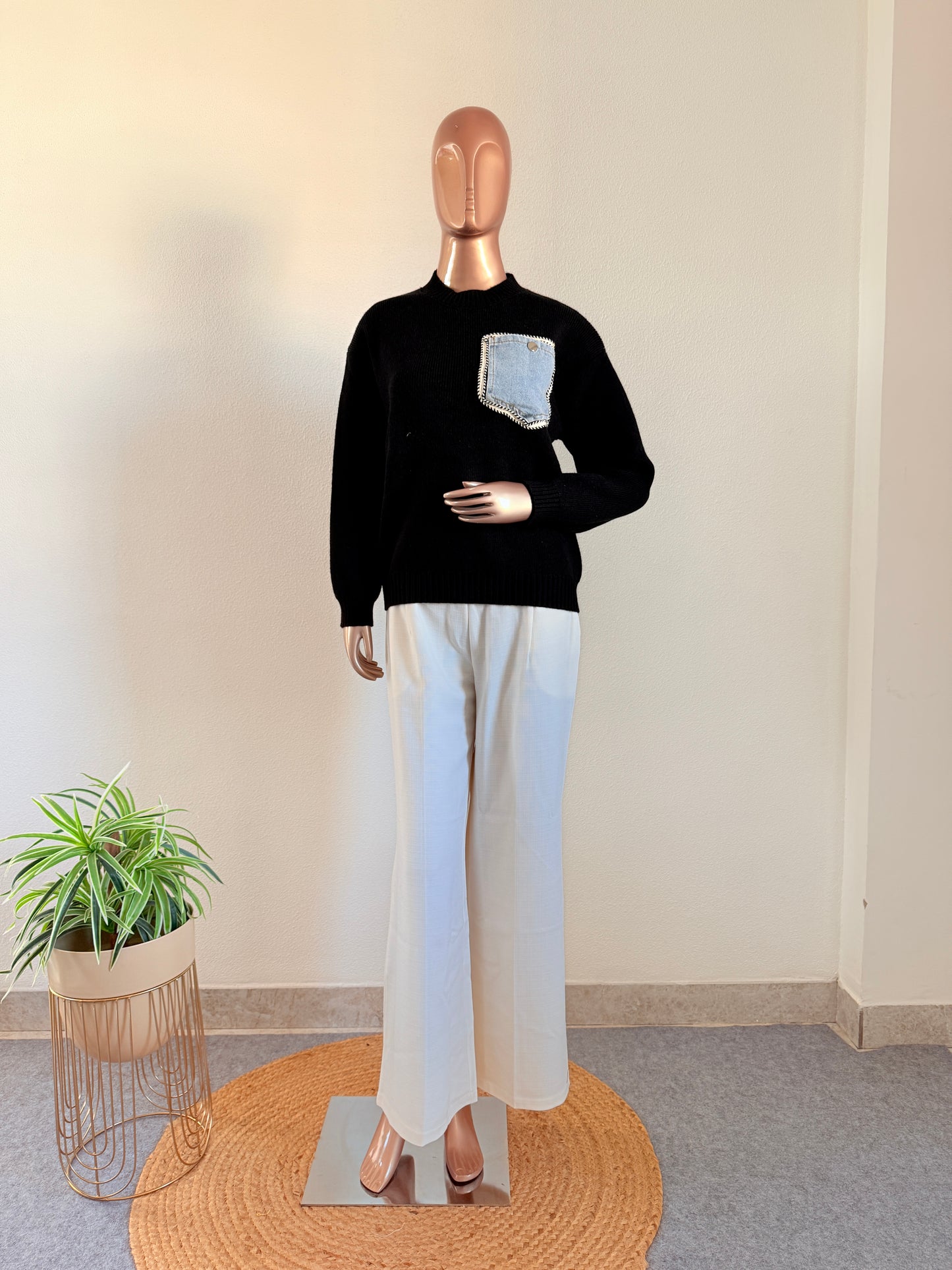 Woollen Sweater with Denim Pocket - Black