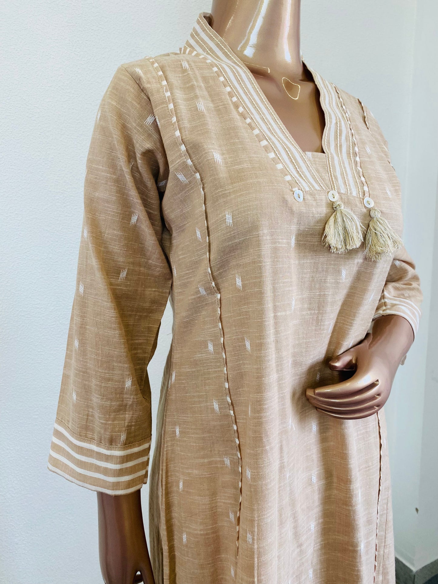 Woven Cotton Turn Collar Kurta Pant Set - Almond