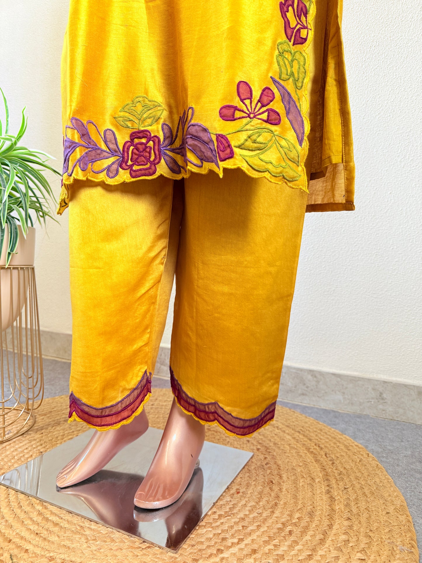 Designer Pure Silk Suit with Applique Work and Palazzo Pants with Organza Dupatta