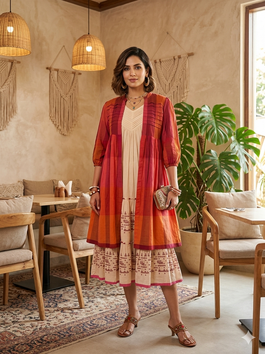 Premium Jamdani Cotton Tunic with Contrast Jacket