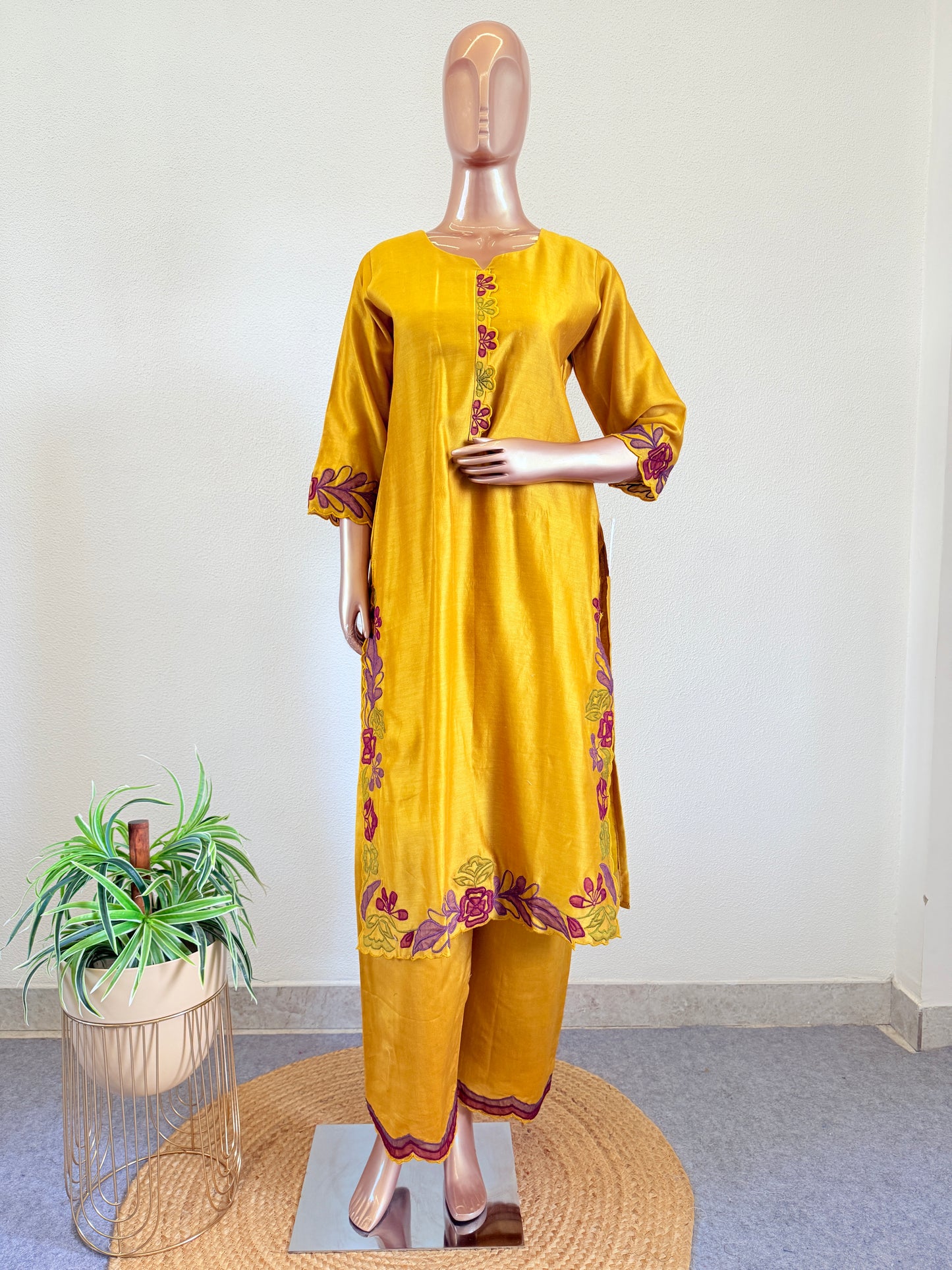 Designer Pure Silk Suit with Applique Work and Palazzo Pants with Organza Dupatta