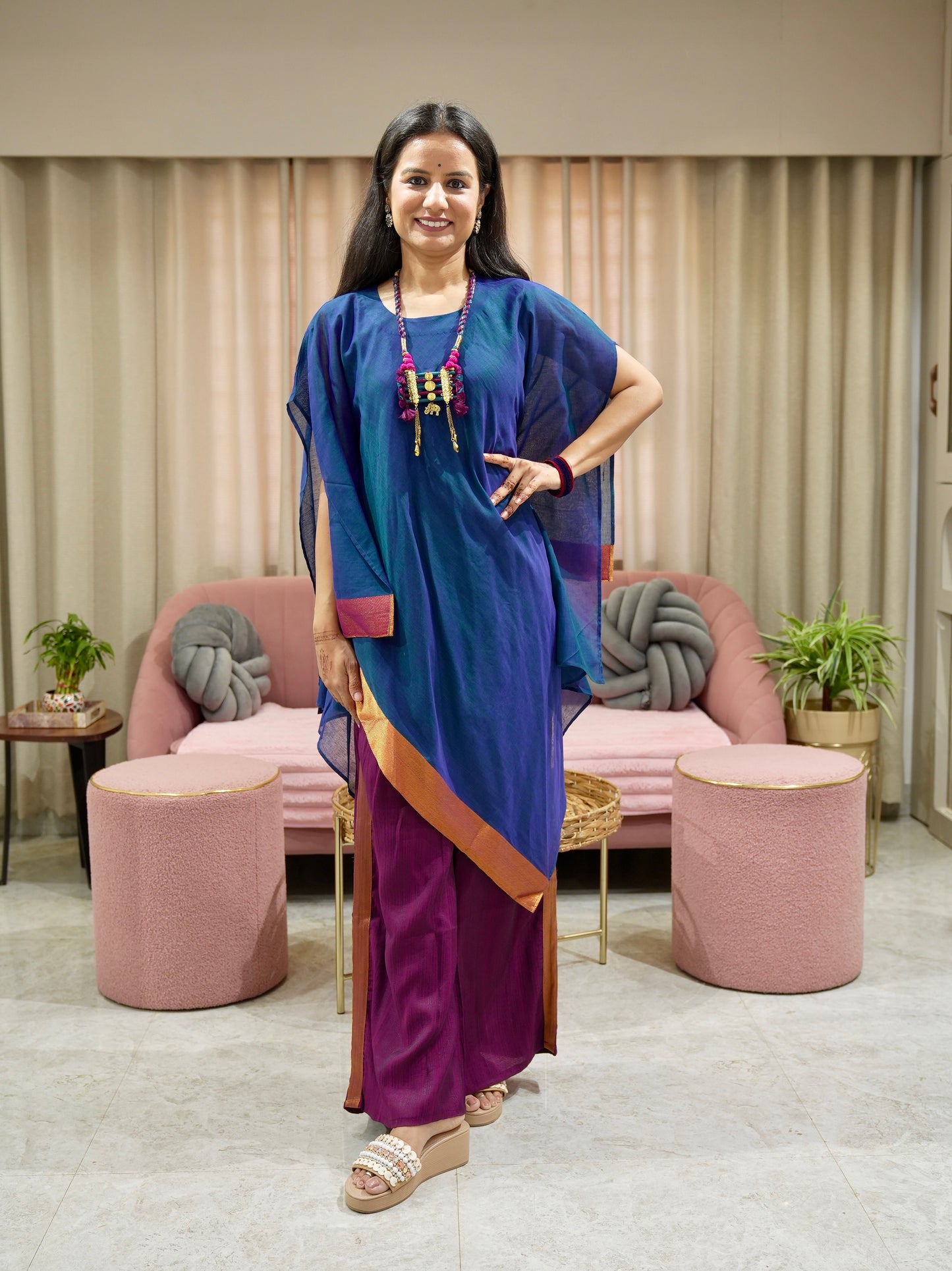 Chanderi Kaftan Indo Western with Neck Piece - Blue