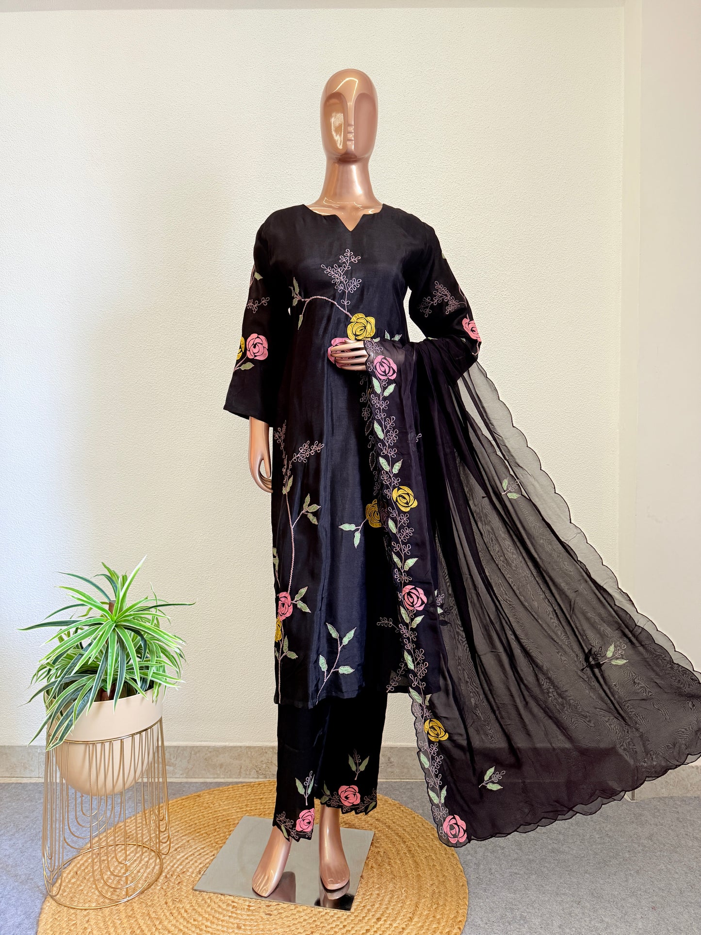 Applique Work Dola Silk Suit Set