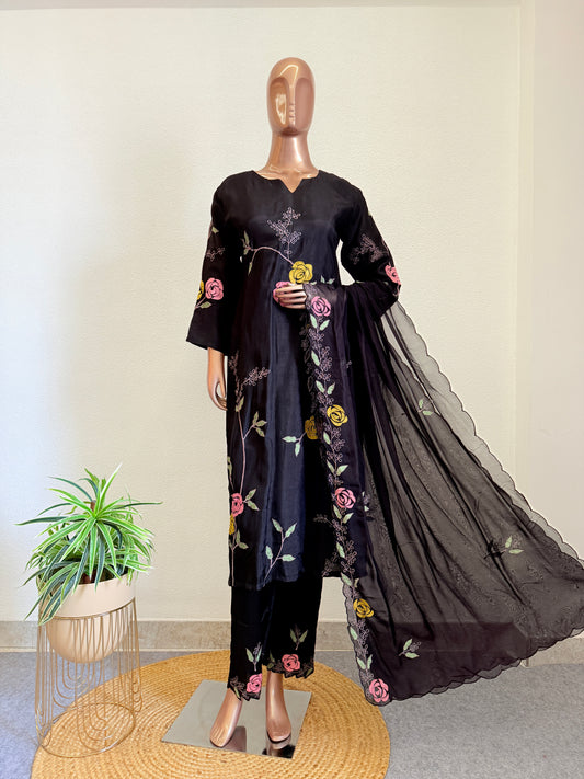 Applique Work Dola Silk Suit Set