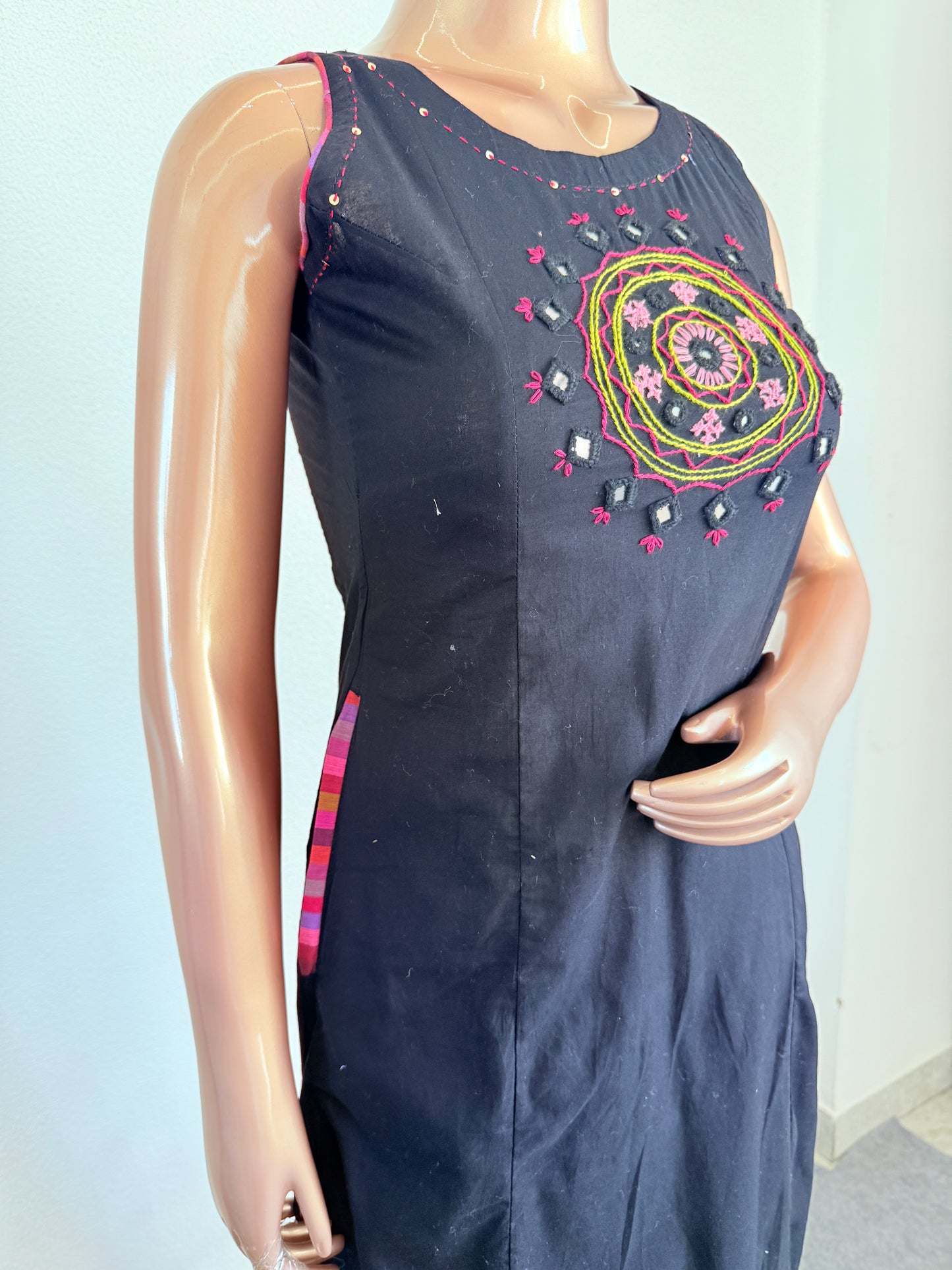 Mandala Mirror Work Black Kurta Set with Multicolor Palazzo