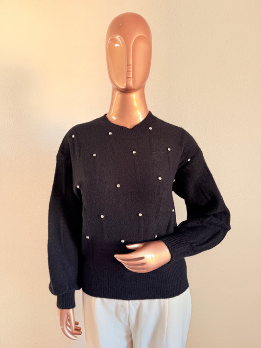 Woollen Top with Diamond Studs - Black