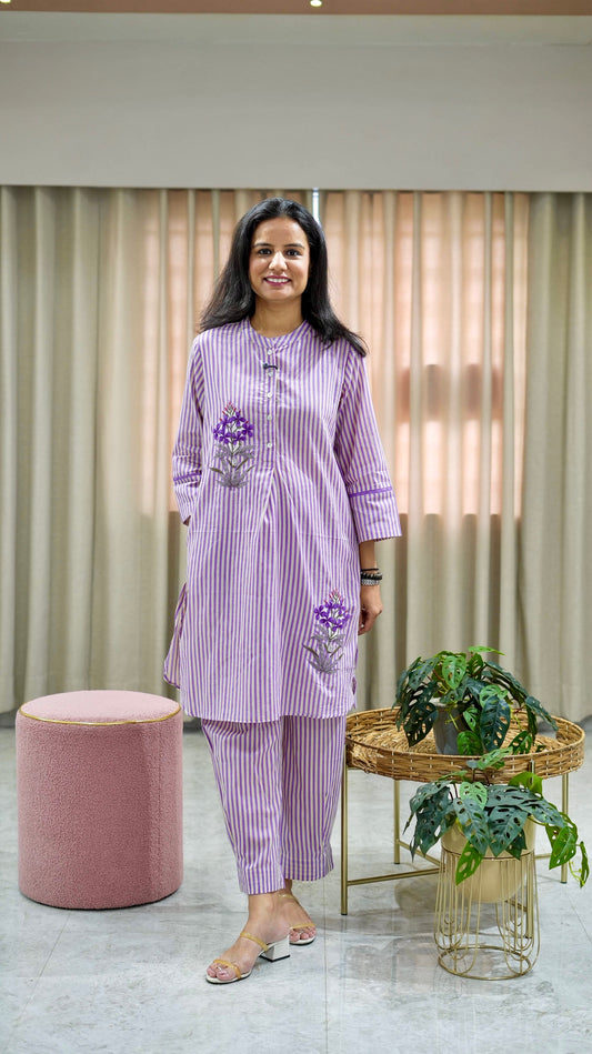 Striped Cotton Kurta Afghani Pant set with Floral Applique Patch