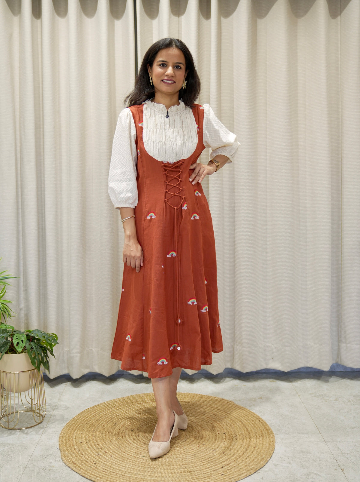 Cotton Flex Tunic with Smoking yoke and Rainbow Motifs