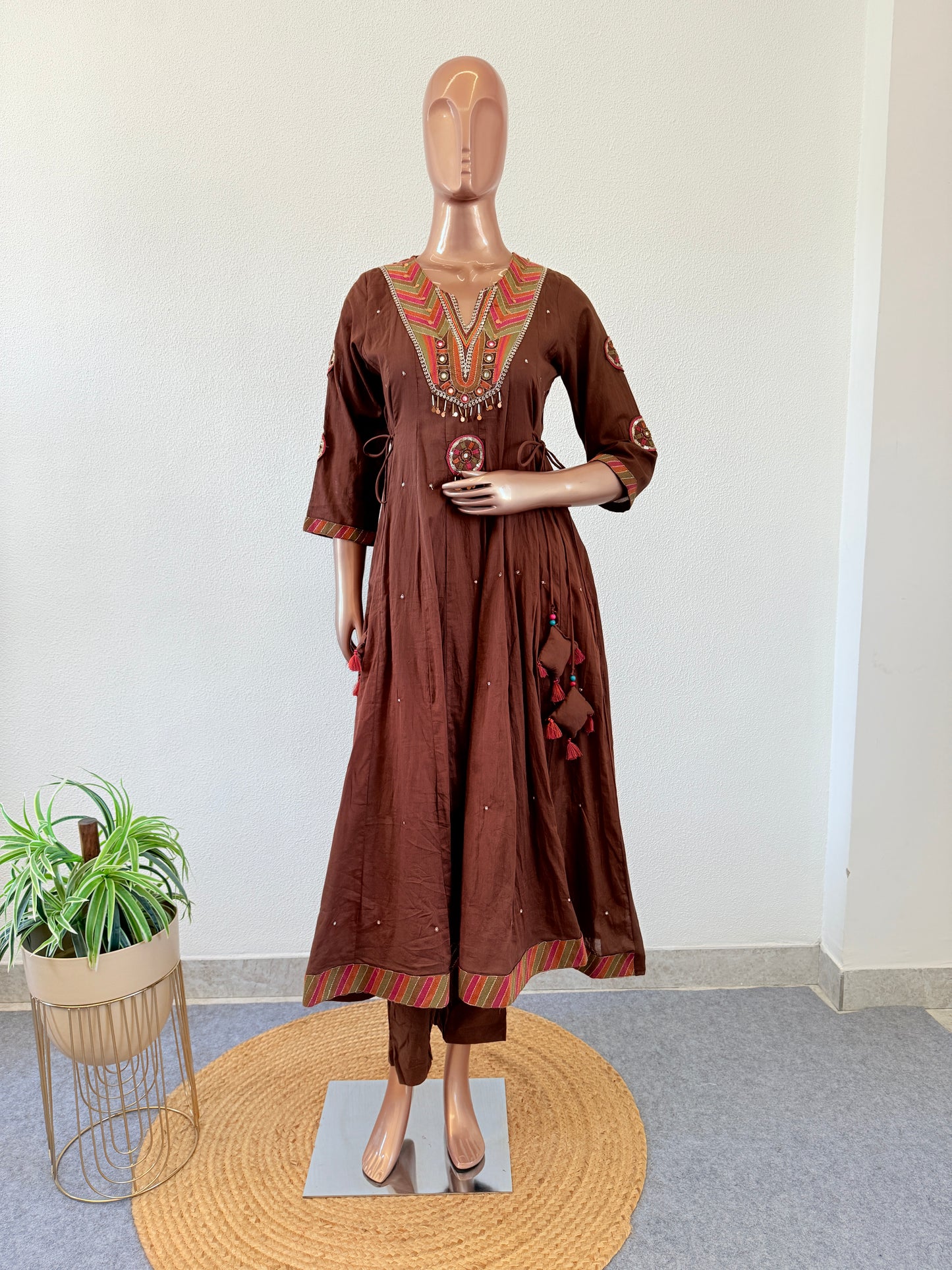 Mul Cotton Frock Suit with Heavy Neck Work - Brown