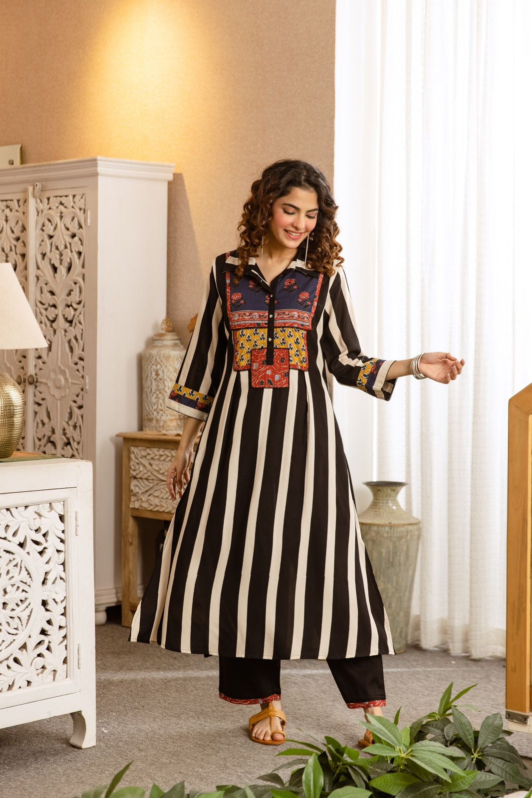 Monochrome Striped Tunic with Patchwork Yoke & Trousers