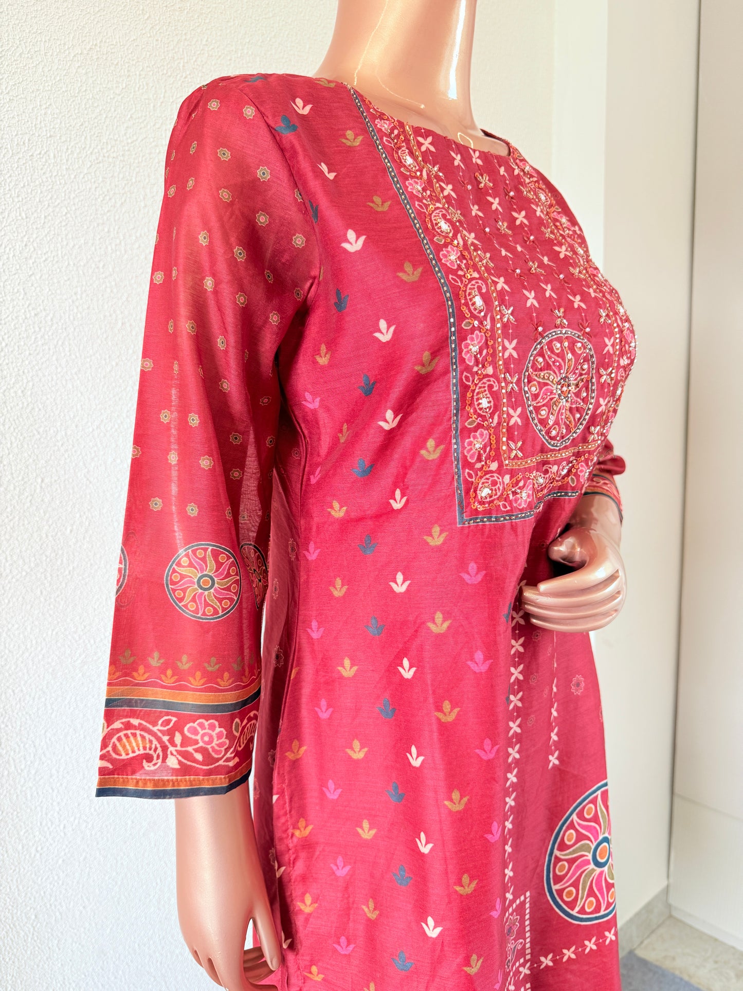 Chanderi Printed Suit Set With Hand Work on Yoke