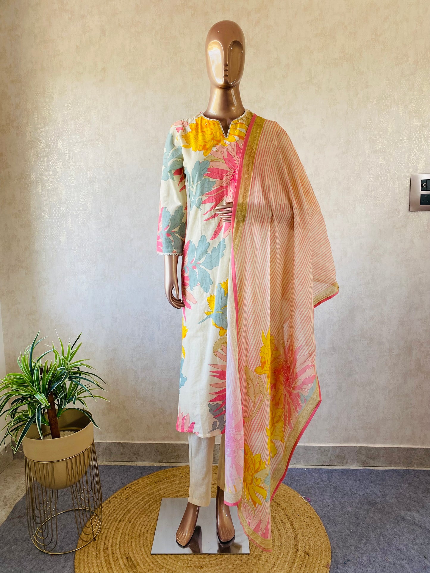 Pearl Work Floral Cotton Suit Set