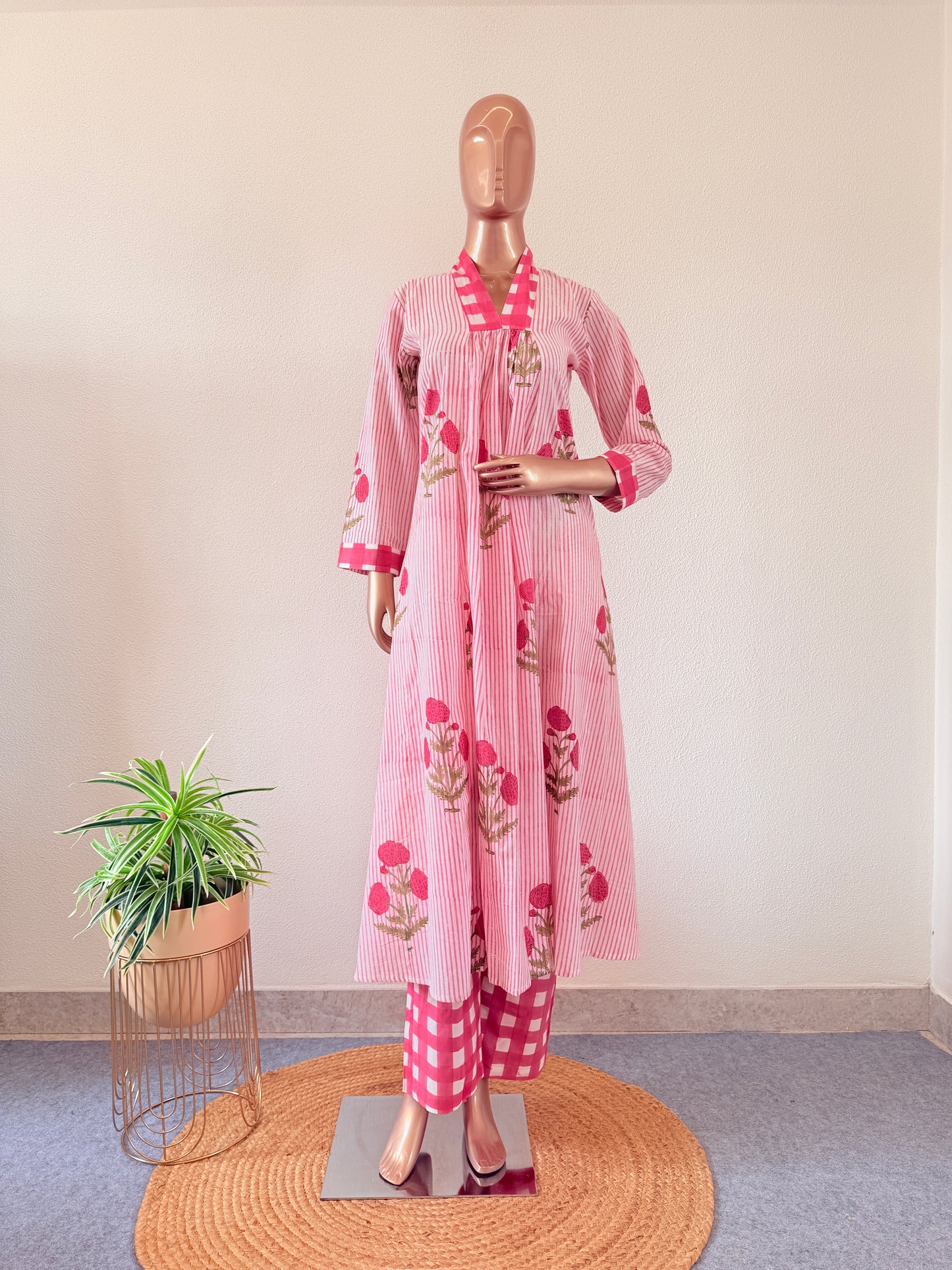 Turn Collar Hand Block Print Kurta Pant Set