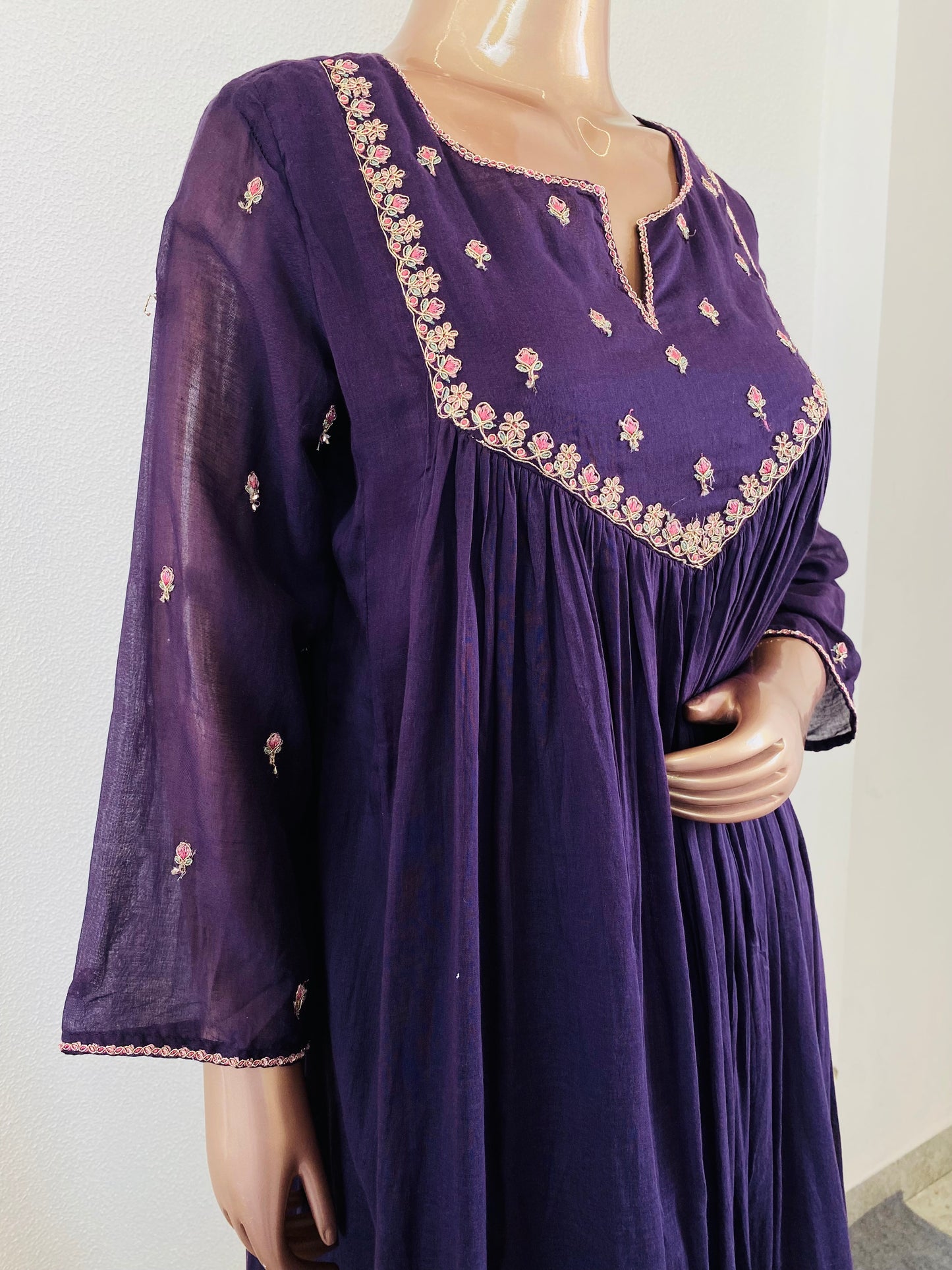 Embroidered Yoke Mul Cotton Frock Suit - Purple