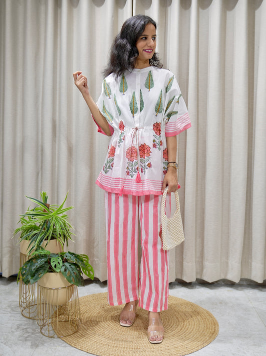 Block Print Kaftan Top & Striped Trousers Co-Ord Set with Drawstring Waist
