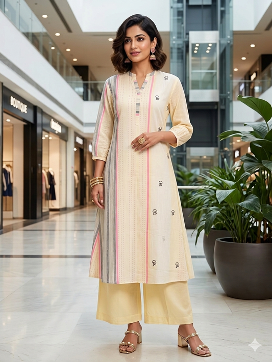 Khadi Cotton Kurta Pant Set with Katha Work - Pink