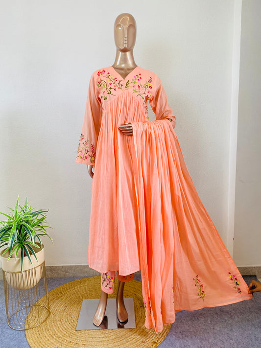 Malai Cotton Frock Suit with Hand Embroidery- Peach