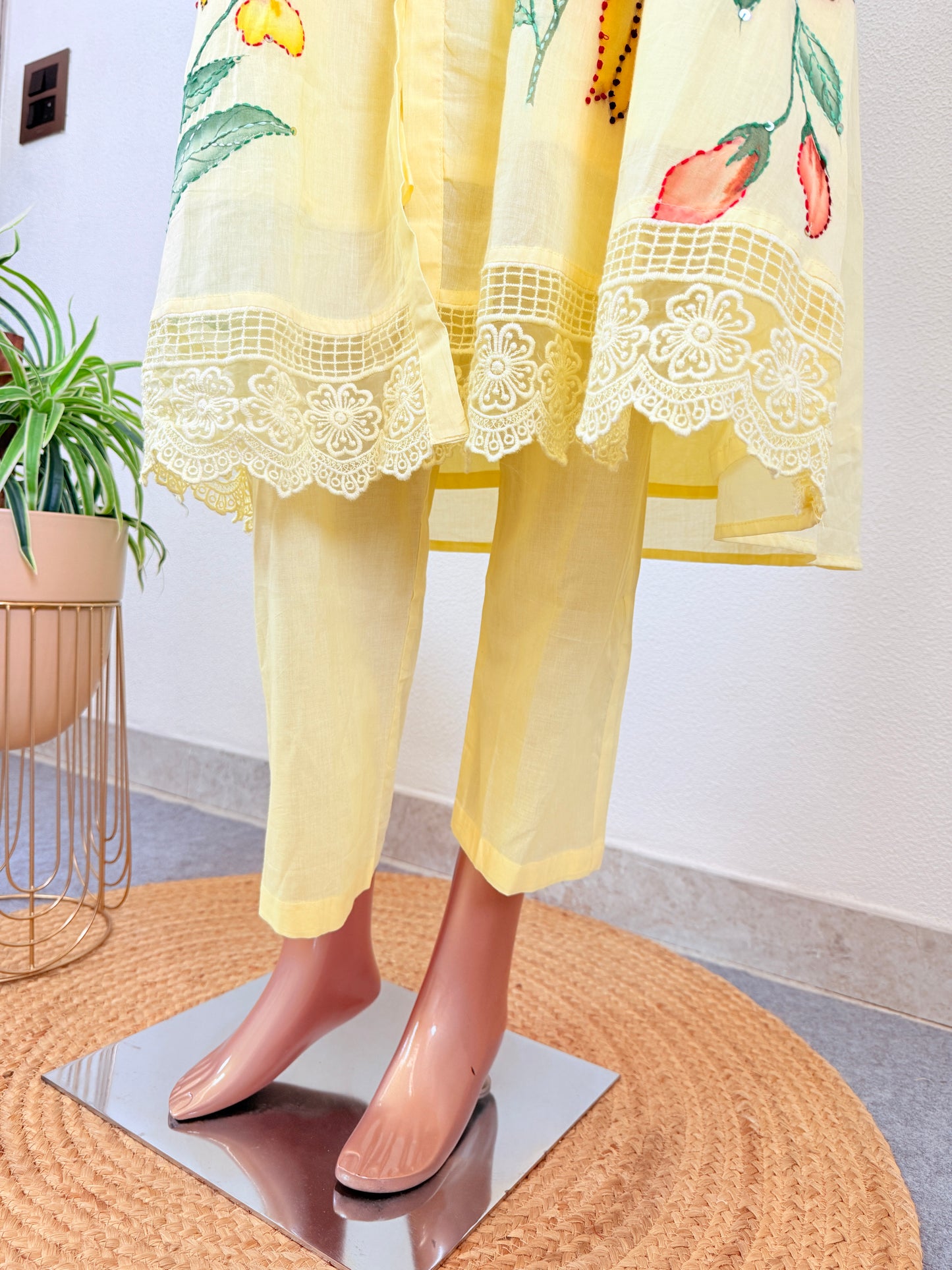 Hand Painted Kantha Work Cotton Kurta Pant Set - Yellow