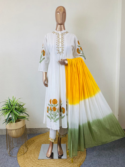 Pure Hand Block Print Anarkali Suit with Shaded Dupatta