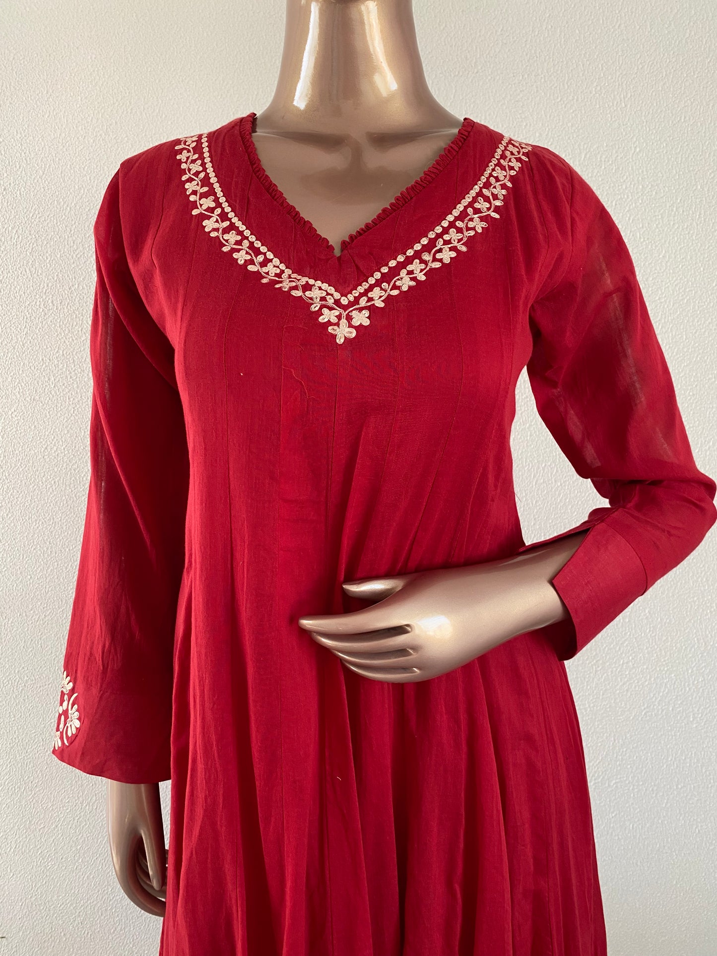 Pittan Work cotton Anarkali with Kota Doria Dupatta- Red