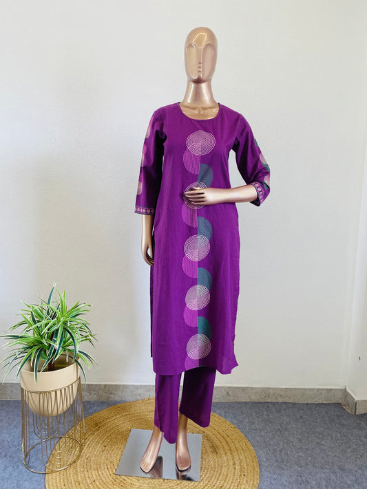 Cotton Flex Kurta Pant Set with Circular Prints - Purple