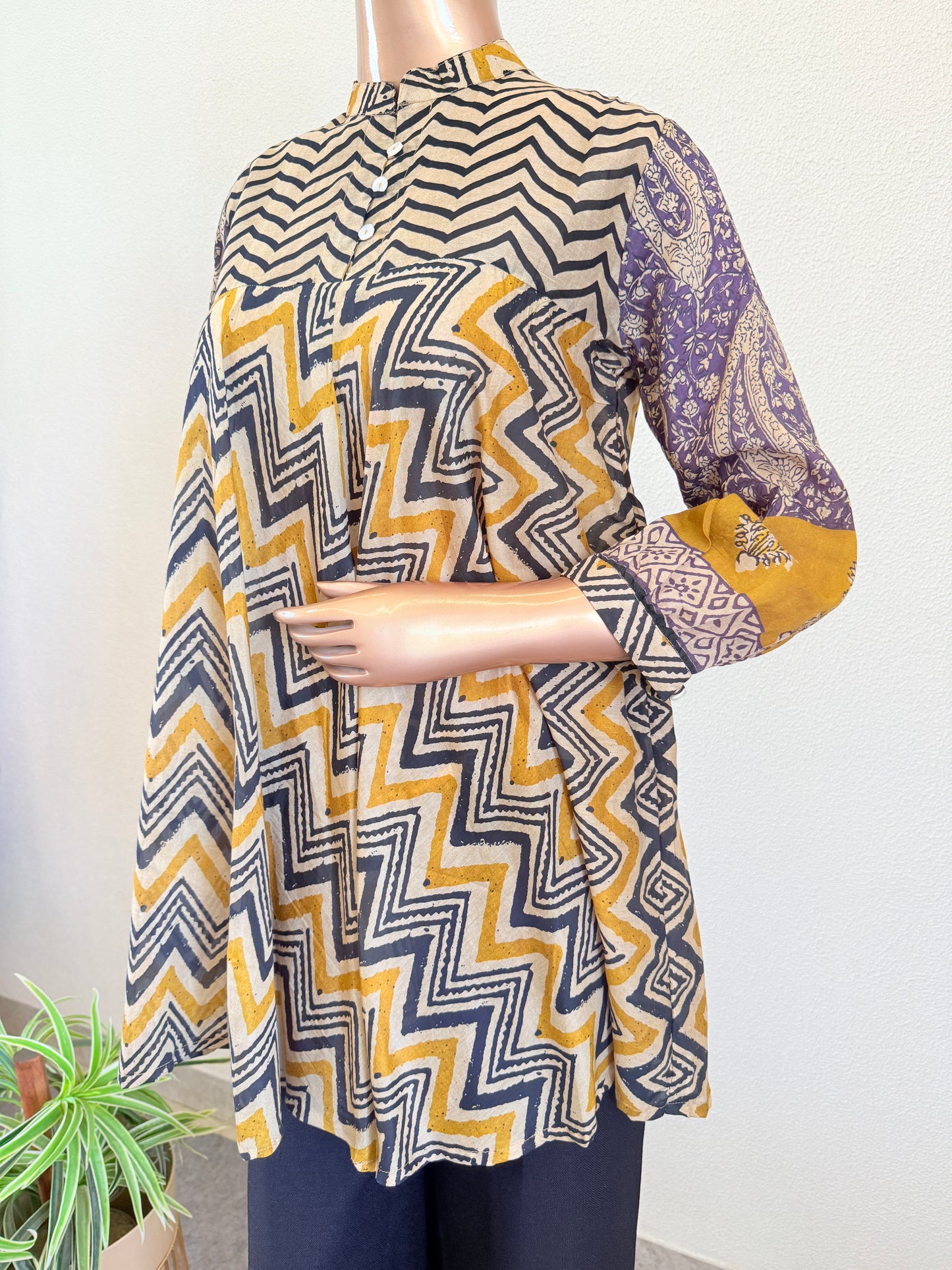 Ethnic Mul Chanderi Fusion A-Line Top- Mustard
