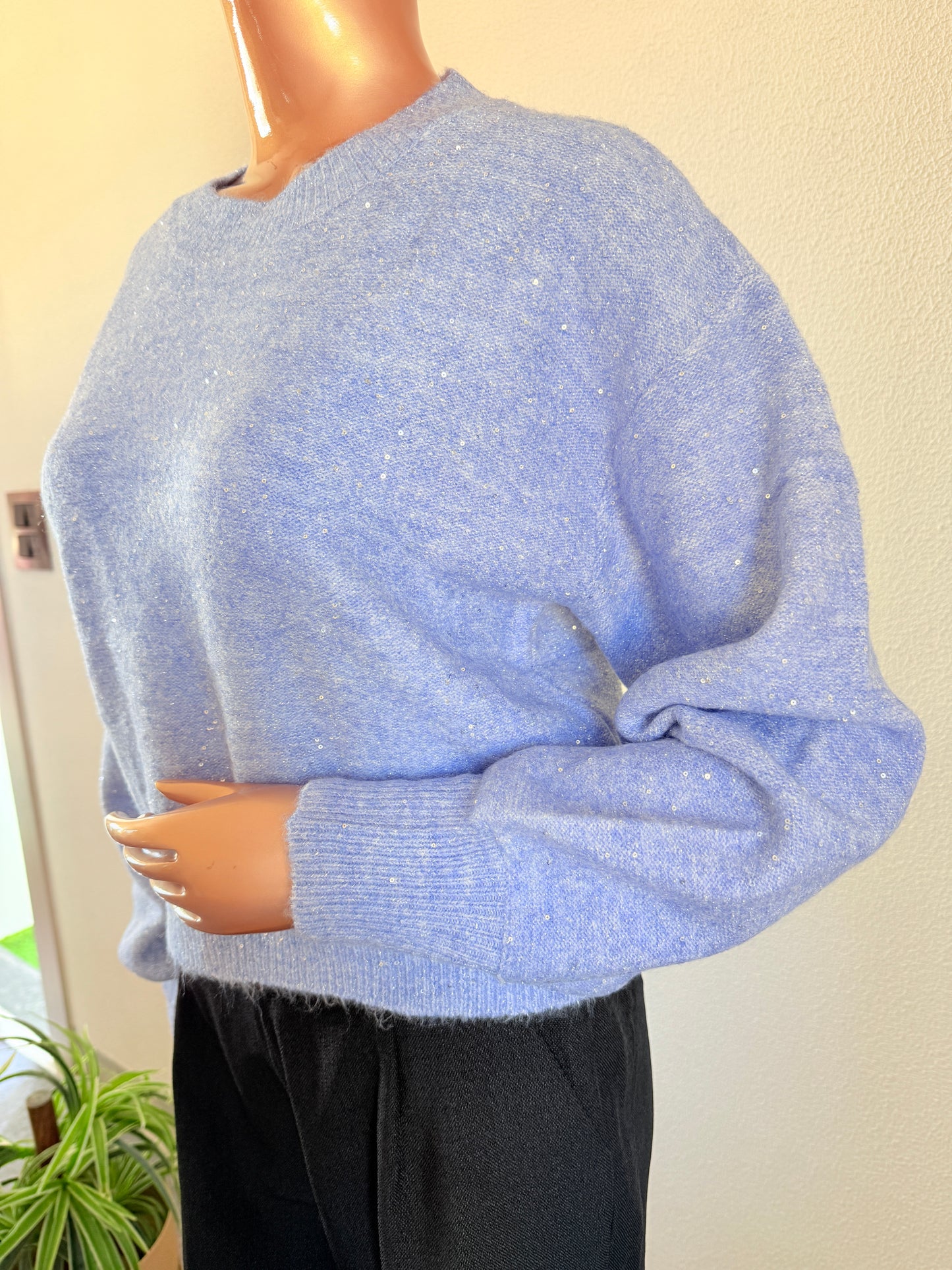 Knitted Woollen Top with Shimmer & Sequin Detail - Blue