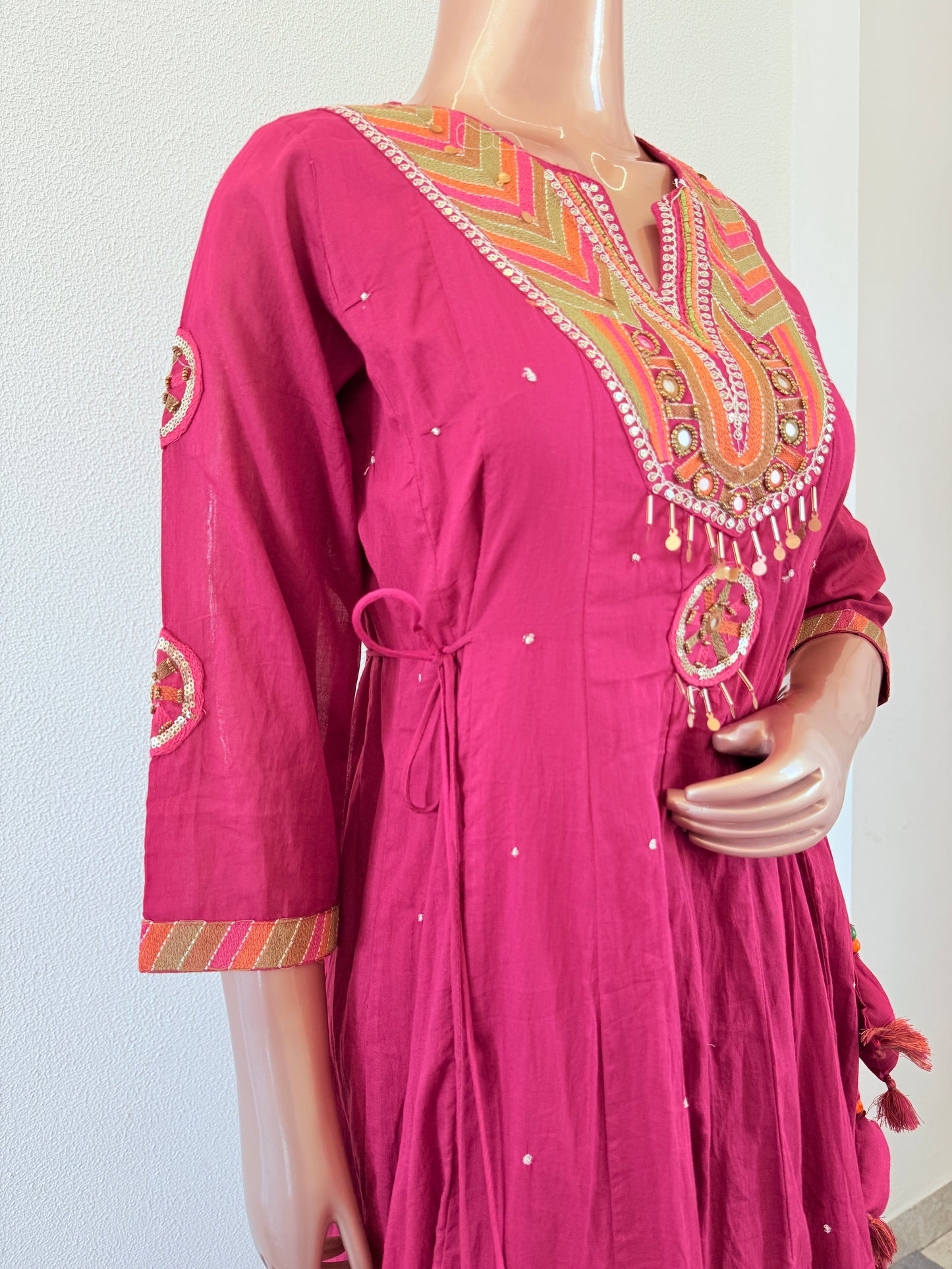 Mul Cotton Frock Suit with Heavy Neck Work - Pink