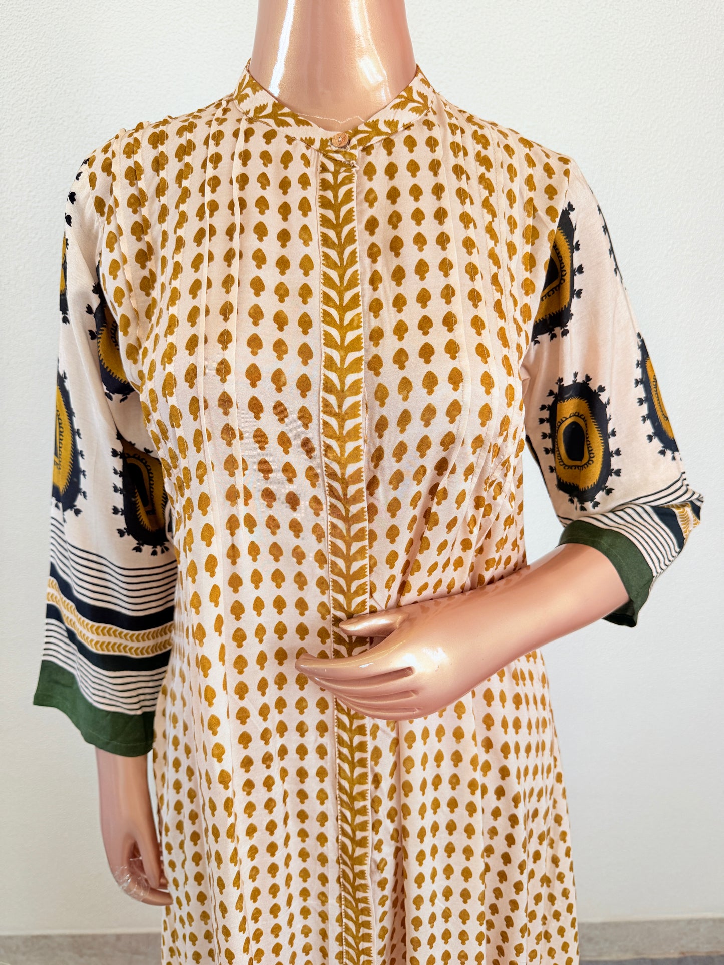 Muslin Block-Print Kurta Pant with Mandarin Collar