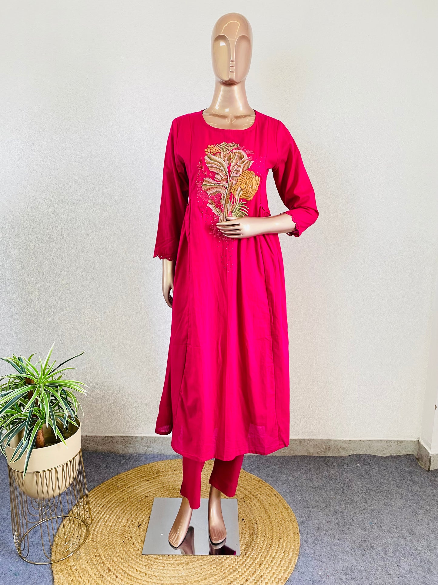 Embroidered Silly Cotton A-line Suit Set - Hot Pink