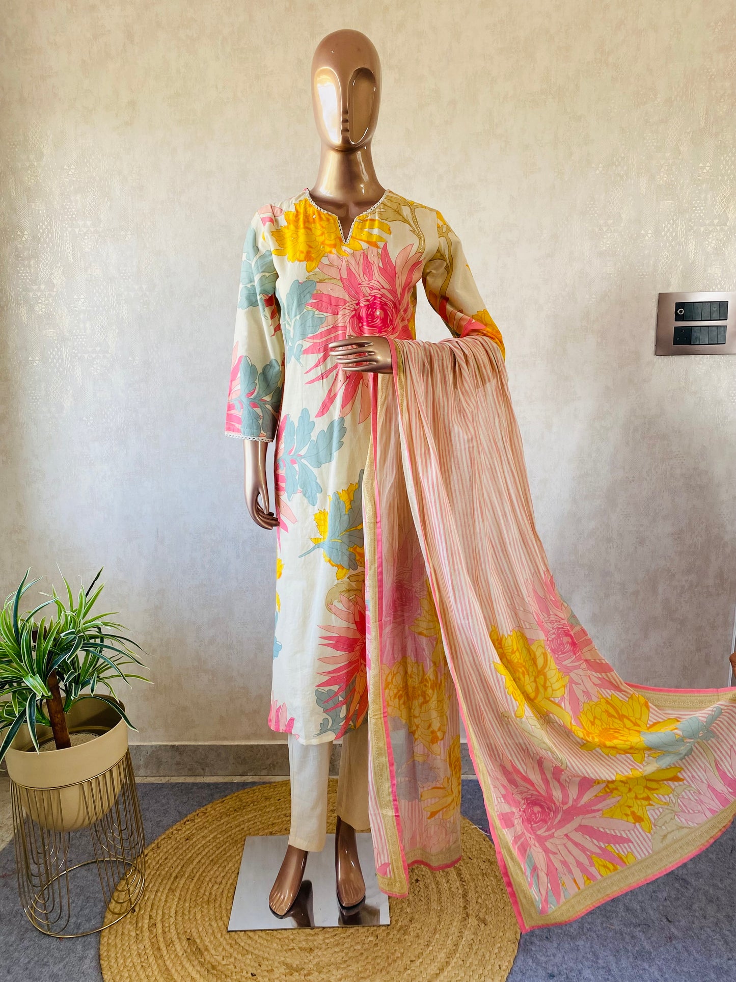 Pearl Work Floral Cotton Suit Set