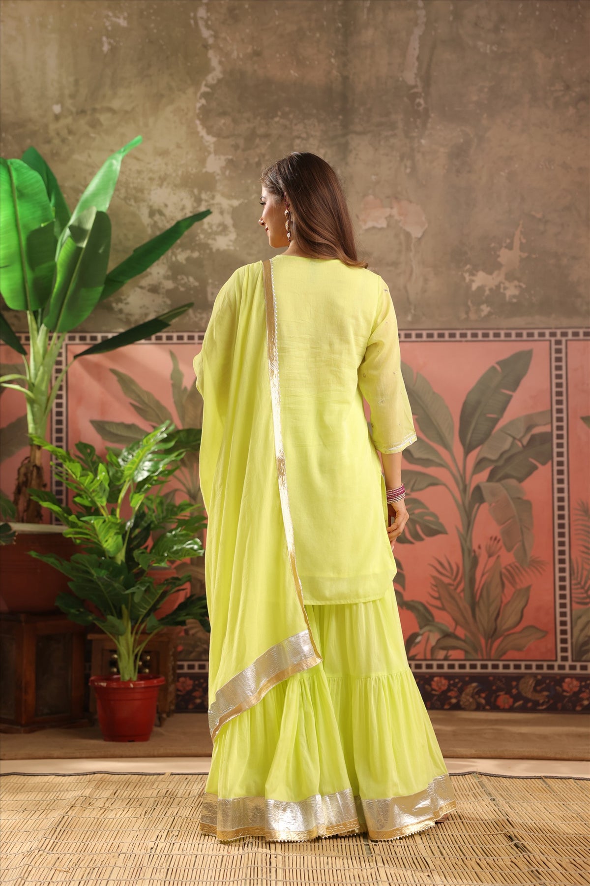 Gota Patti Detailed V-Neck Short Kurti & Tiered Sharara Set with Sheer Dupatta