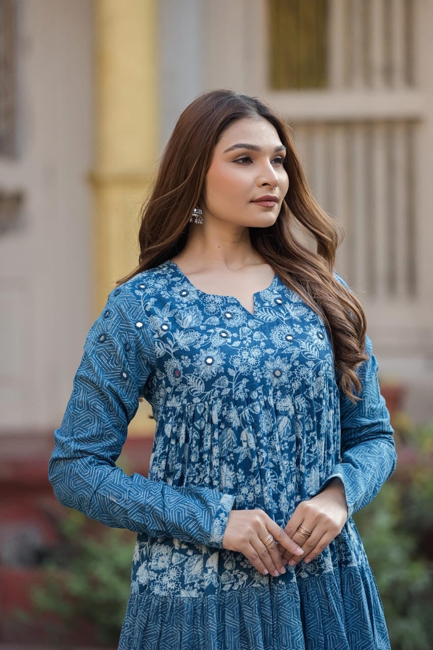 OG Indigo dyed Tiered Pattern Kurta Palazzo with Real Mirror Work