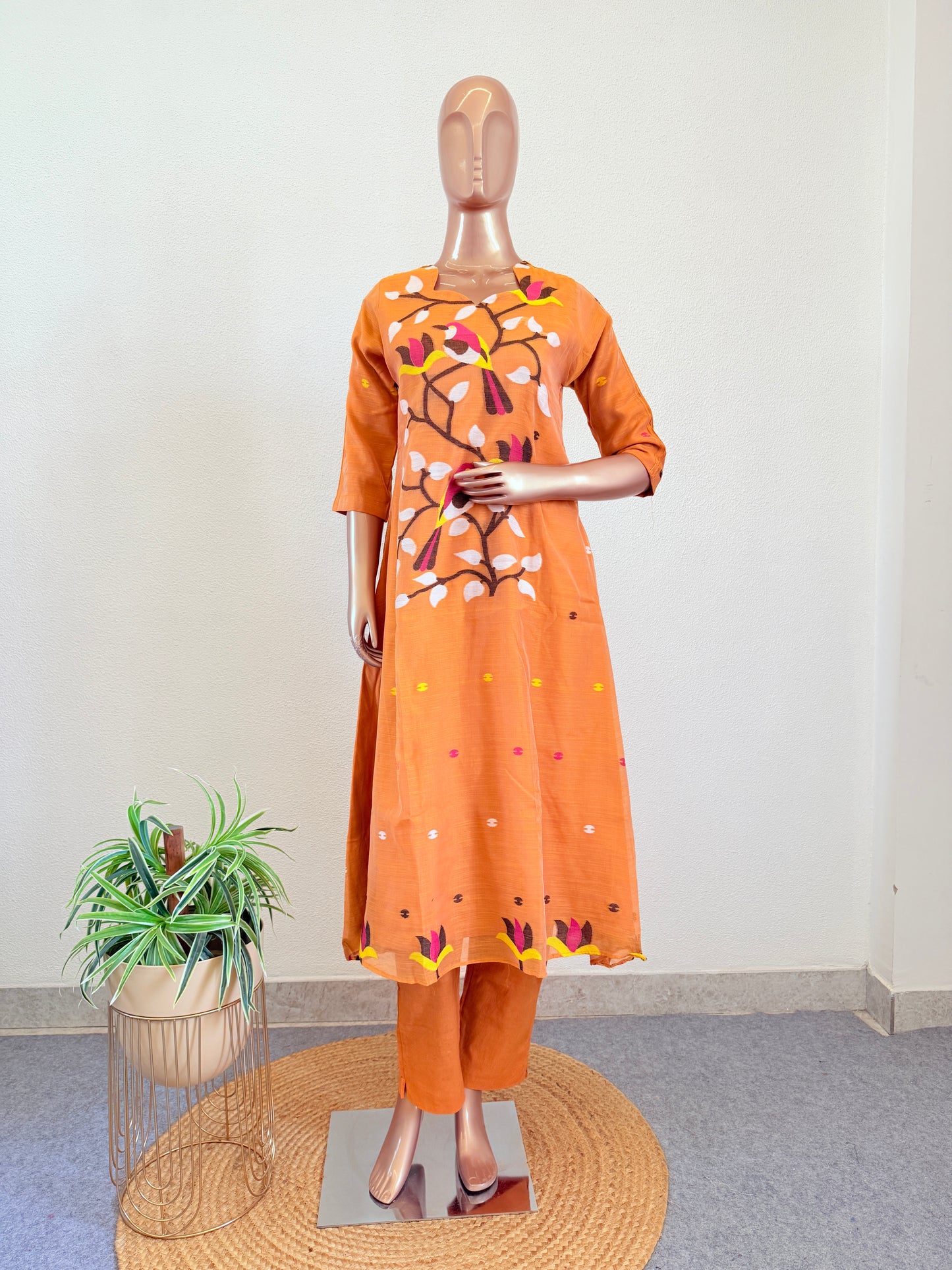 Jamdani A Line Suit Set with Scalloped Neckline- Orange