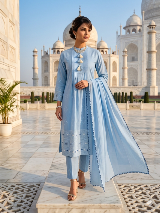 Jamdani A-Line Suit set with Katha & Mirror Work