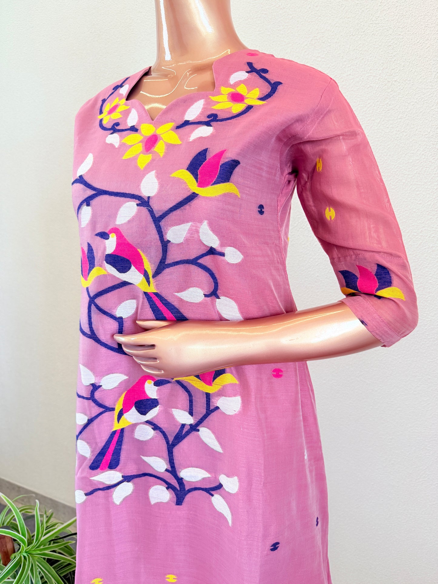 Jamdani A Line Suit Set with Scalloped Neckline- Pink