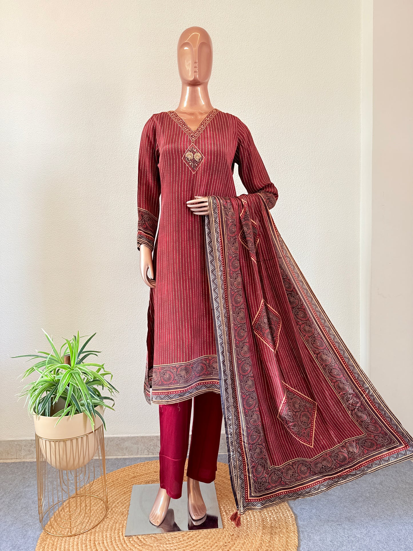 Ajrakh Digital Print Crepe Suit Set with V Neck Line