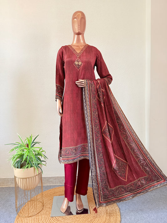 Ajrakh Digital Print Crepe Suit Set with V Neck Line