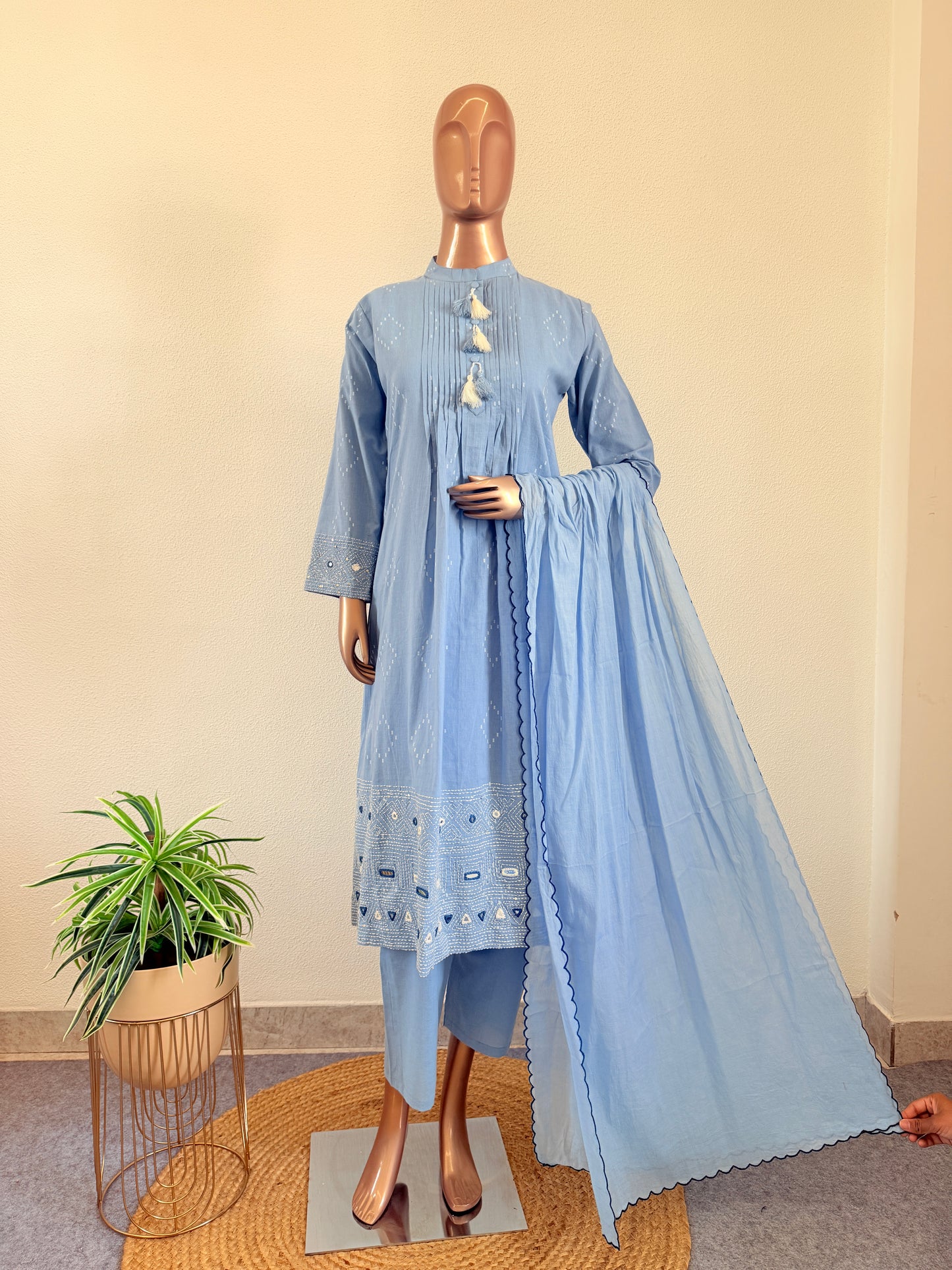 Jamdani A-Line Suit set with Katha & Mirror Work